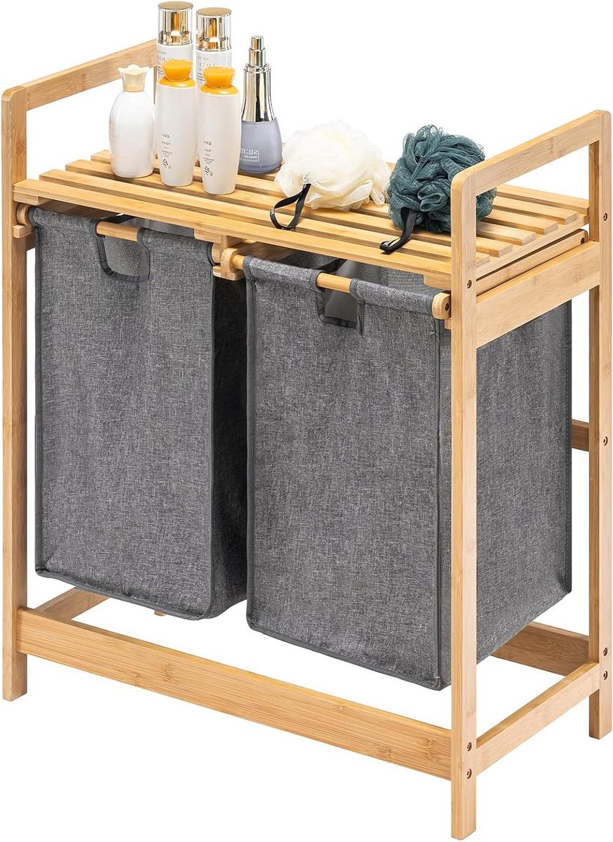 Goedkoopste Bamboe Wasmand met Planken - Wasverzamelaar met 2 Uittrekbare Waszakken - Grijs - 73 x 64 x 33 cm