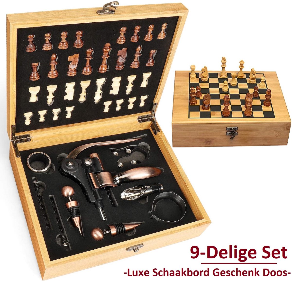 Luxe Kurkentrekker en Wijnaccessoires Set 9 in 1 - Bamboe Geschenkdoos inclusief Schaak Set - Wijnopener - Flessenopener - Cadeautip