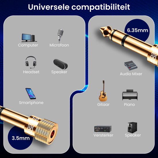 Illustratie van diverse apparaten zoals computers, microfoons, koptelefoons, en muziekinstrumenten die compatibel zijn met 3.5mm en 6.35mm audio jacks.