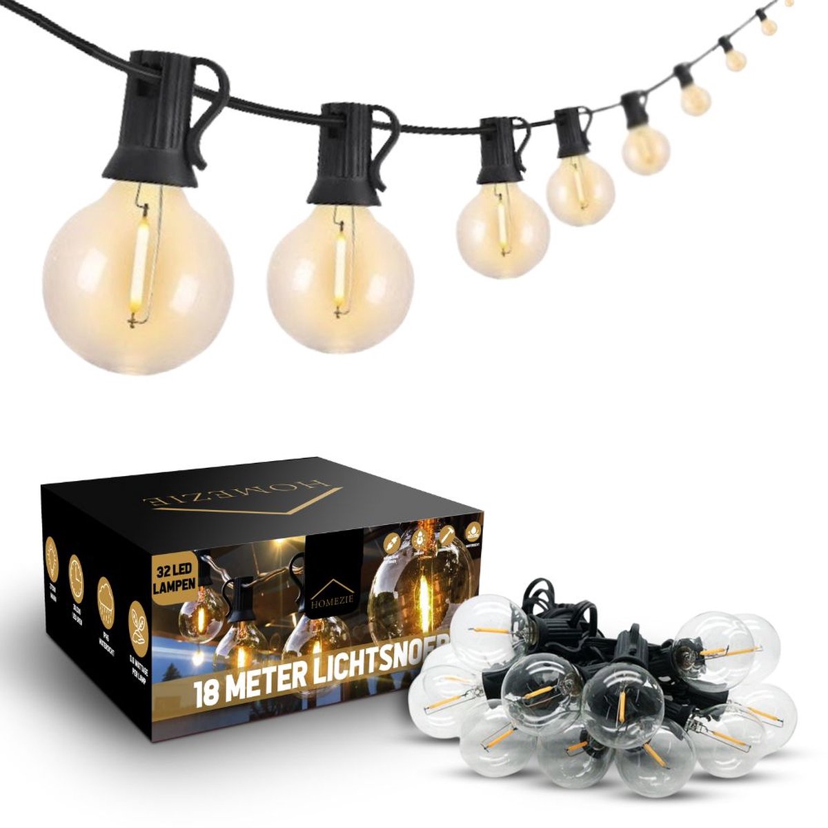 Bol.com Homezie Lichtsnoer | 18 meter met 32 kunststof LED bulbs | Warm wit | Waterdicht | Koppelbaar & Dimbaar | Tuinverlichtin... aanbieding