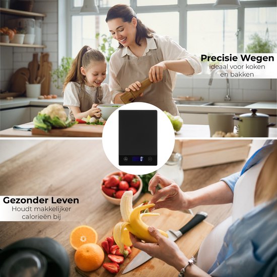 Balance de cuisine numérique de précision Pumpify - Balance de Cuisine - 1 gramme à 15 kg - Fonction tare - Résistante à l'eau - Zwart