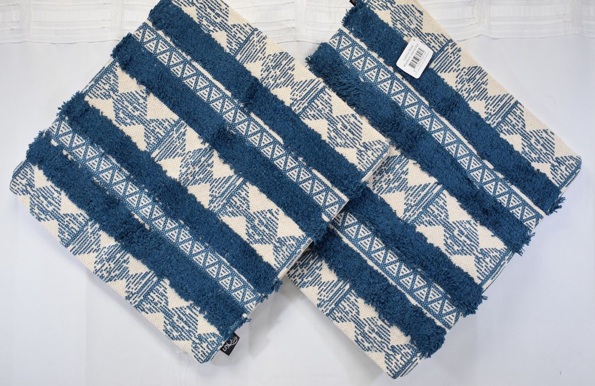 Unique Living Unique - sierkussenhoes - 2 stuks - kussenhoesje - petrol - blauw - ecru - 45 x 45 cm - katoen - met rits petrol-ecru