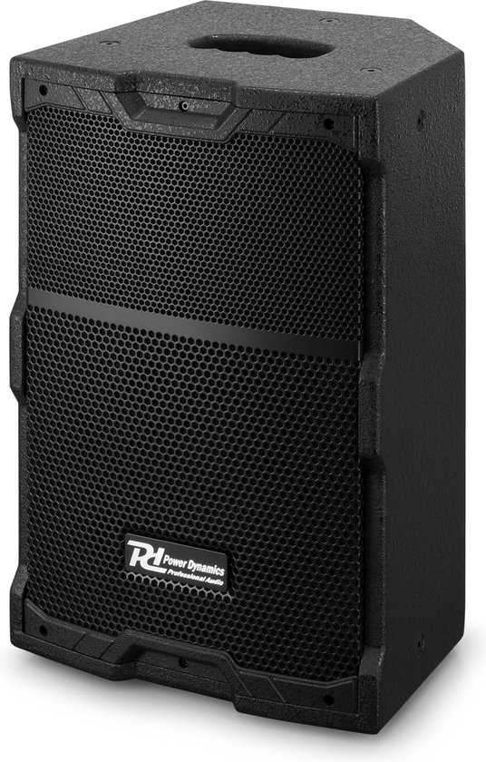 Zwarte Power Dynamics PDY210A actieve speaker met metalen grill en handvat bovenop.