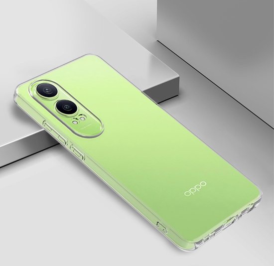 Lichtgroen OPPO telefoonhoesje van transparant TPU, liggend op een grijze ondergrond.