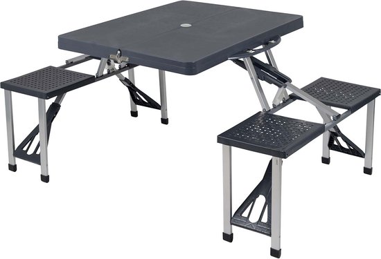 Donkergrijze inklapbare picknicktafel met vier zitplaatsen, zonder parasol.