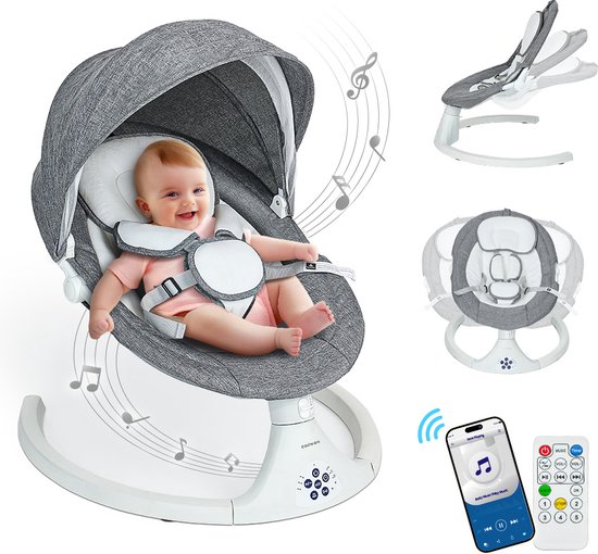 Elektrische Wipstoel - met Timer Afstandsbediening Bluetoothmusic - 5 Zwenksnelheden en 3 Zitposities - Babyschommel - Lichtgrijs