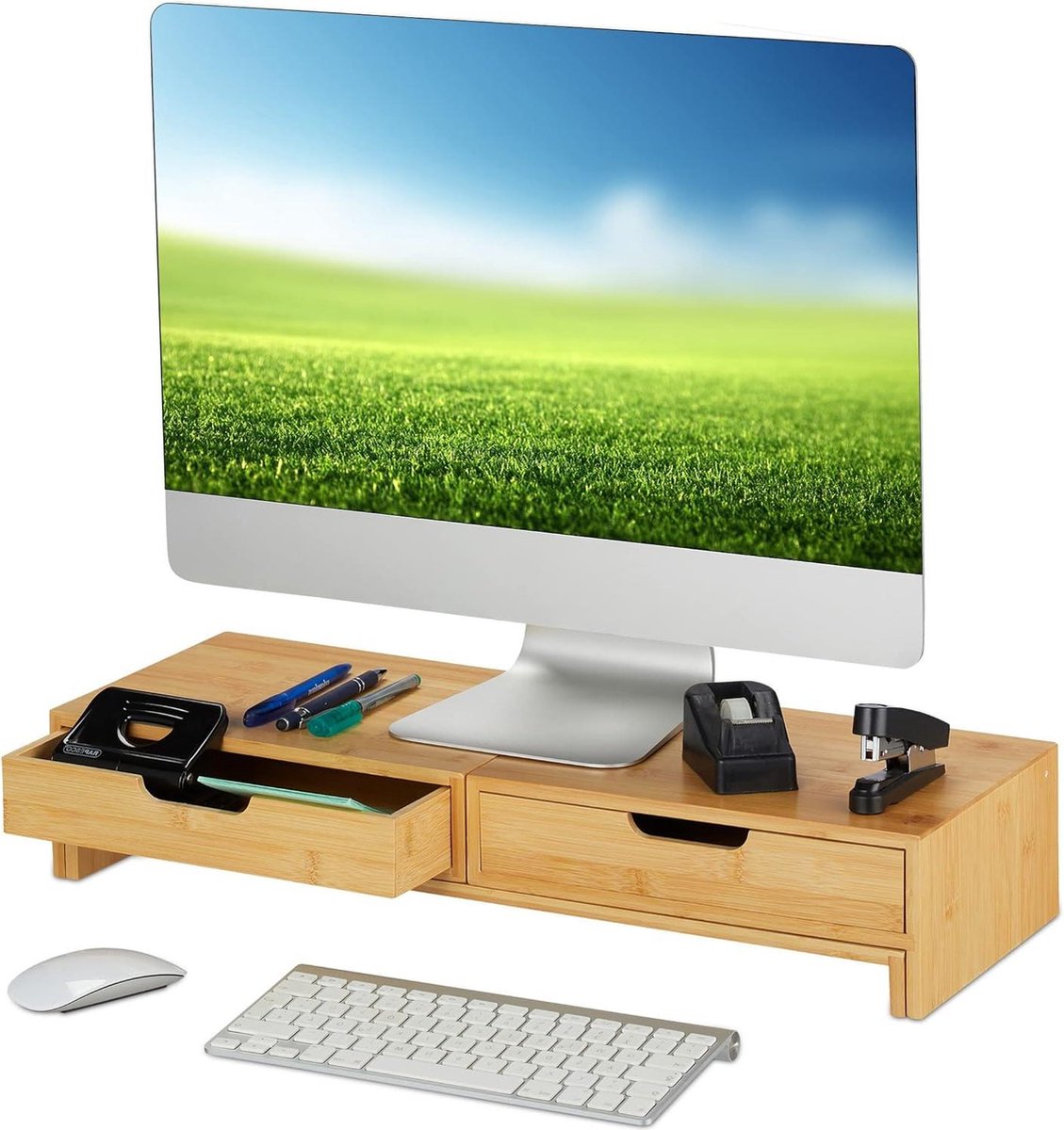Monitorstandaard voor 2 monitoren - Verstelbaar - Met lades - Natuur - 11x107x22 cm