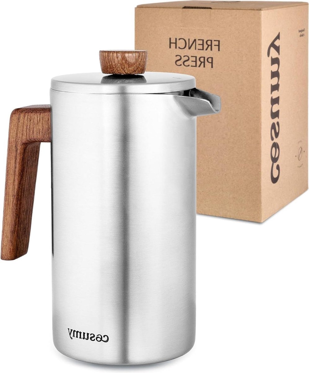 French Press 1L Roestvrij Staal Duurzaam Eikenhout 5 Kopjes Extra Filters Dubbelwandige Isolatie