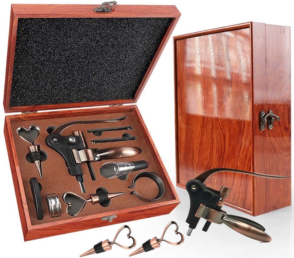 Luxe Kurkentrekker Set en Wijn Accessoires 9 in 1 - Pianolak Geschenkdoos - Sommelier Set - Wijn Gift Set - Cadeautip