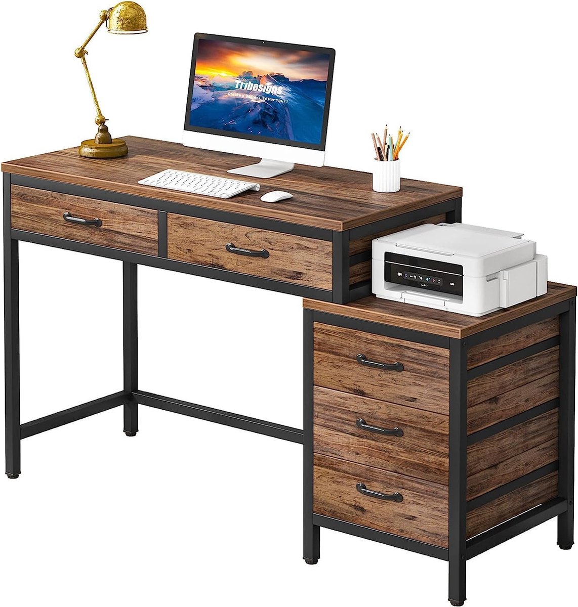 Tribesigns Bureau - Bureau met 5 Schakelbare Ladekast- Computerbureau - Computer Tafel - Bureautafel Bruin - 130 x 45 x 82cm