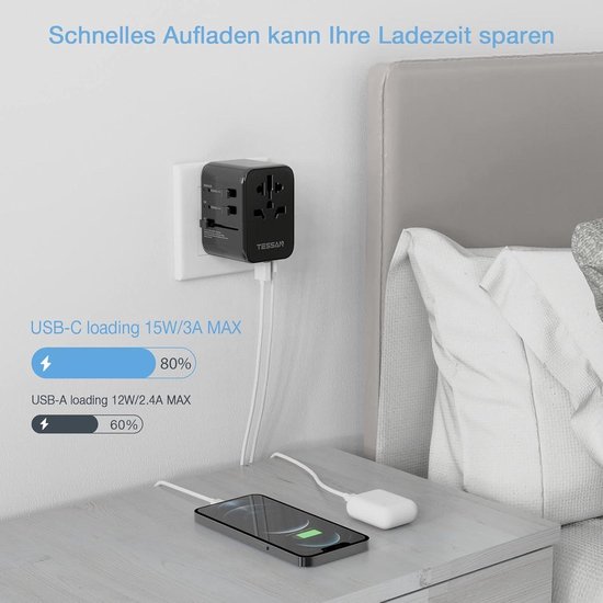 TESSAN Reisstekker Wereldwijd, Universele Reisadapter met 3 USB 1 USB C, Reisstekkeradapter Wereldwijd, Internationale Stopcontact Travel adapter voor Duitsland VS Engeland Qatar Thailand