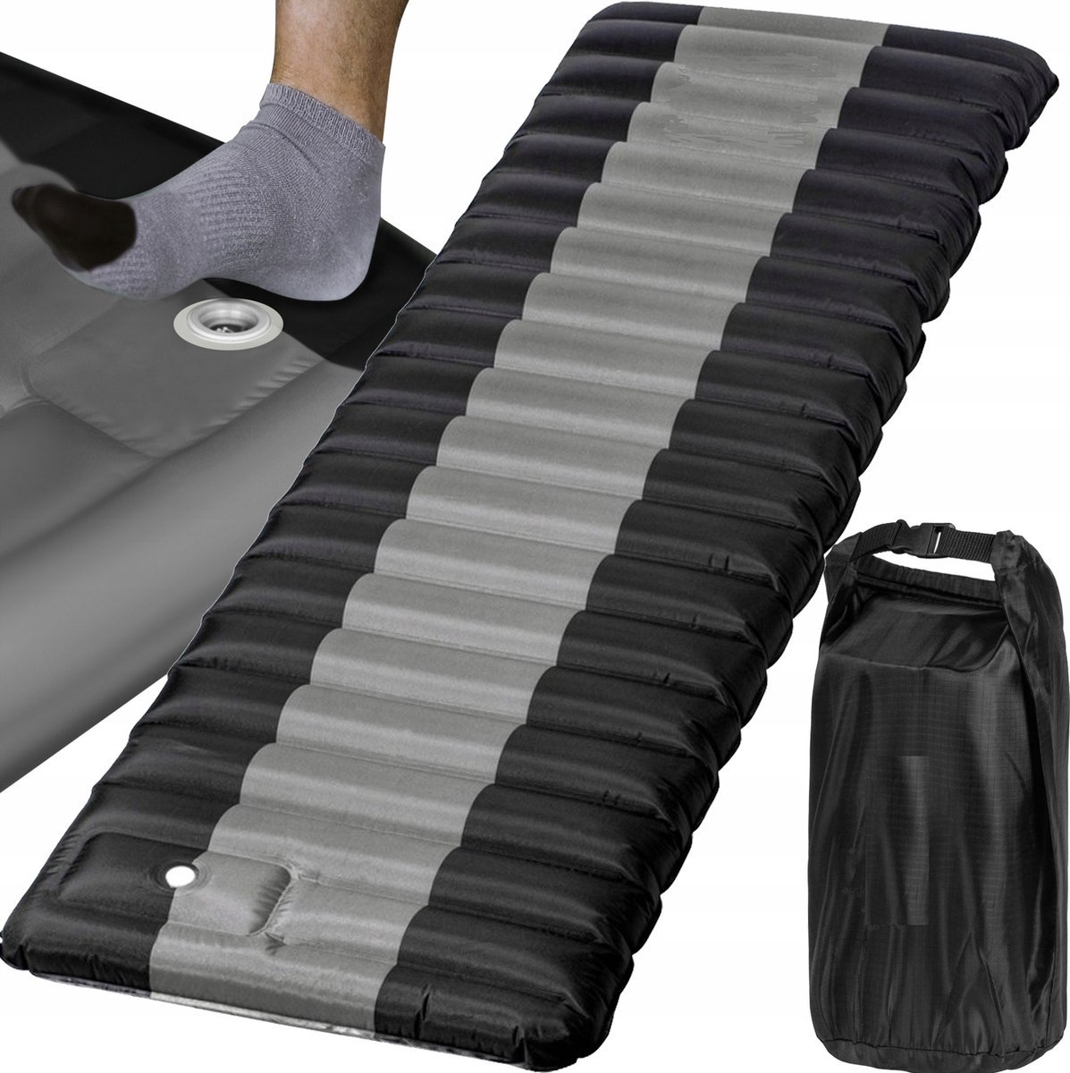 MIRI Luchtbed – 1 persoons – Ingebouwde Pomp – 191x73x21 cm – Luchtmatras – Gratis Draagtas – Zwart / Grijs – Kamperen