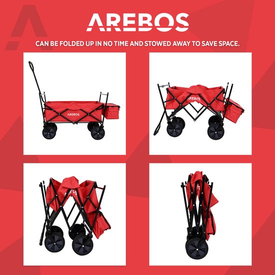 AREBOS Bolderkar Opvouwbaar met Dak - Handkar - Bolderkar Luchtbanden - Handwagen - 70 kg - 360° Draaibare Voorwielen - Rood van AREBOS — afbeelding 3