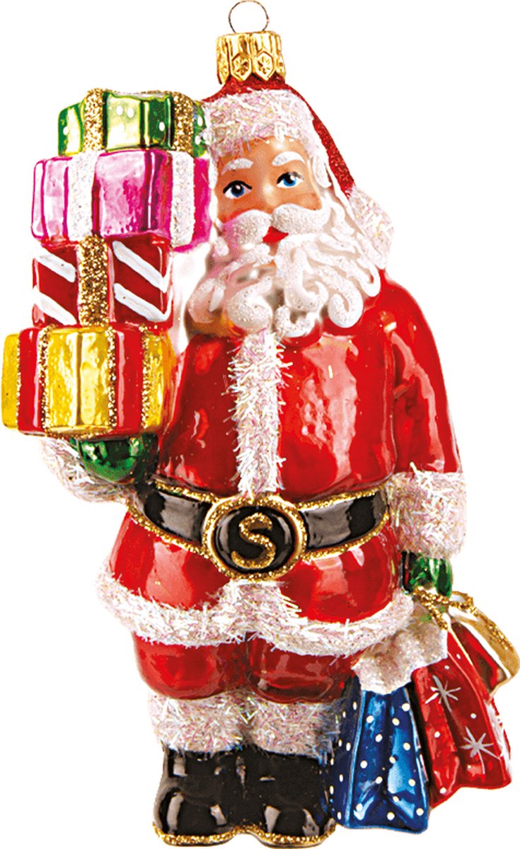 Viv! Christmas Kerstornament - Shopping Kerstman - mond geblazen glas - rood - 13cm