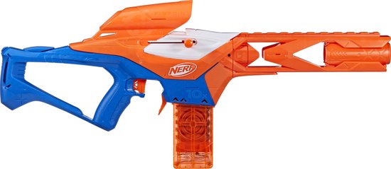 Oranje en blauwe Nerf N-Series Pinpoint blaster met scope en magazijn.