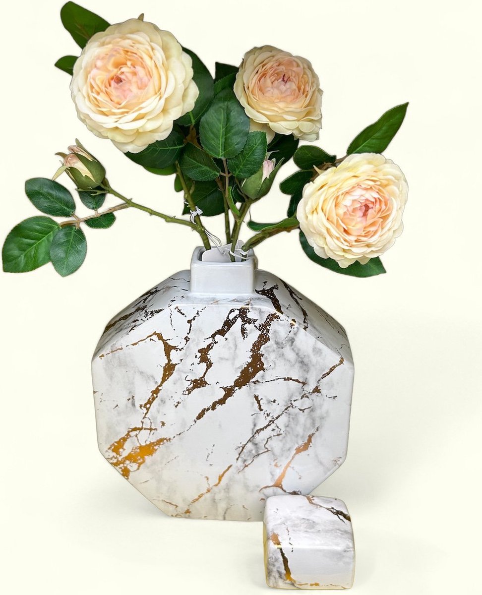 Gold Lacquer Marble Pattern Hexagon Decorative Jar with artificial camellia flowers