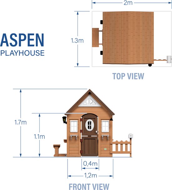 Technische tekening van speelhuis Aspen, met afmetingen 2m x 1.3m (boven) en 1.7m x 1.2m (voor).