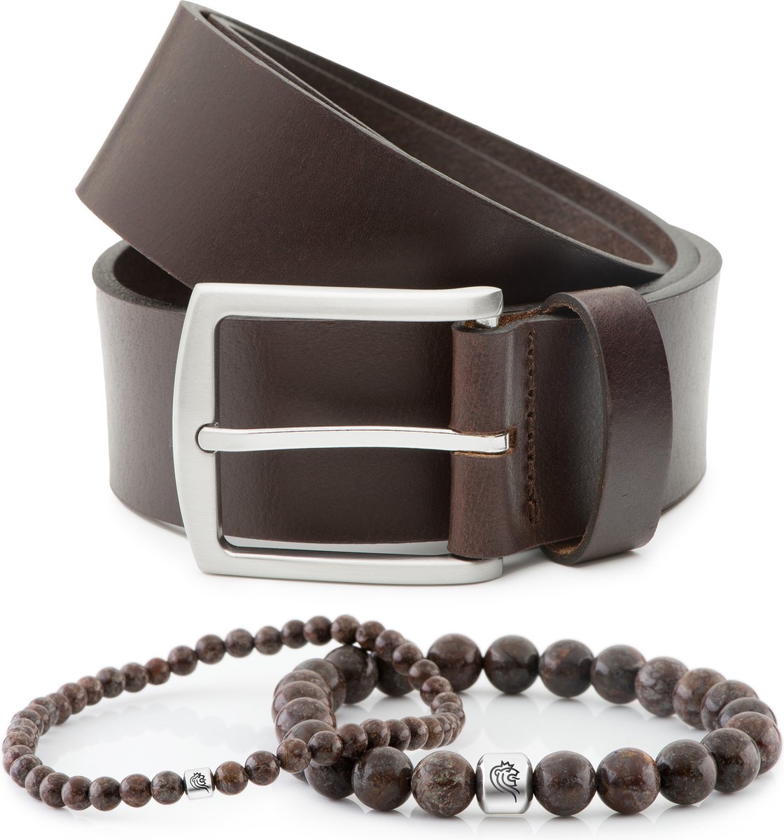 DTCH.FIT Kralen armband Bill Brown one size & Leren riem Levi Donkerbruin - 4cm breed - 115cm - Totale lengte 130cm