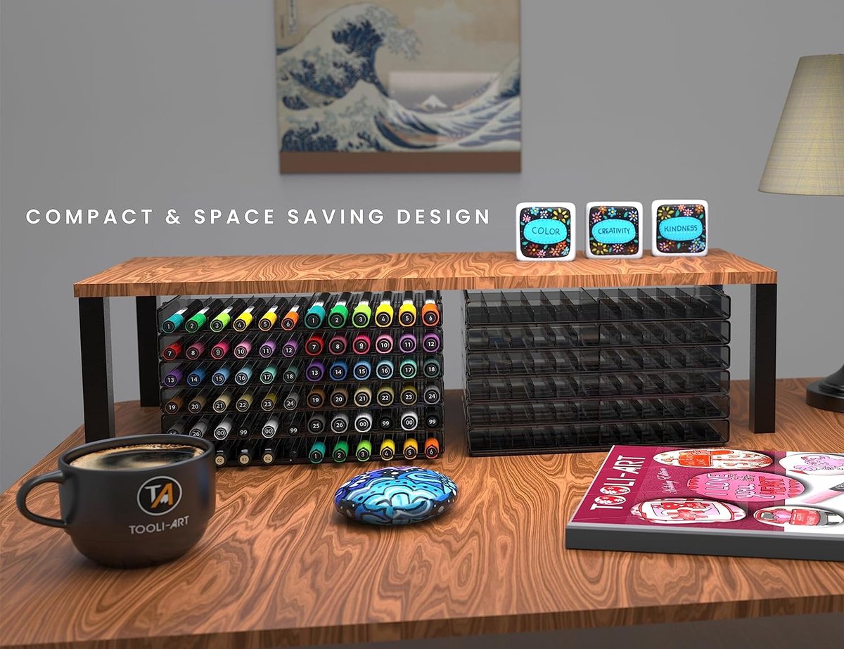 TOOLI-ART 72 Art Marker Opberglade Bureau Organizer Houder, Verstelbare Verdelers, Modulair, Uitbreidbaar, Stapelbaar, Fit Meest Pen, Potlood, Borstels. School, Thuis, Multi Purpose Gekleurd Plastic 6