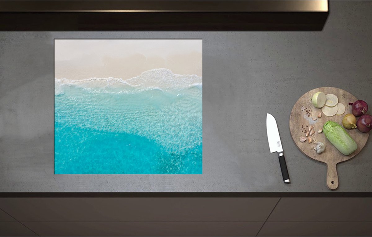 Inductieplaat Beschermer - Bovenaanzicht van Helderblauwe Oceaan met Golven - 60x55 cm - 2 mm Dik - Inductie Beschermer - Bescherming Inductiekookplaat - Kookplaat Beschermer van Wit Vinyl