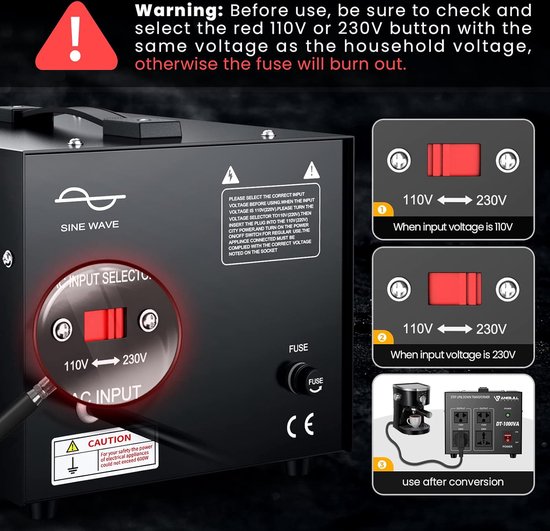 2000W spanningsomvormer AC 110V⇋220V transformatoromvormer 2x Amerikaanse NEMA 5-15R 3-pins/2x standaard Europese Shucko-uitgangsaansluitingen, 1x 5V USB-poort, 1x Type-C-aansluiting | NL