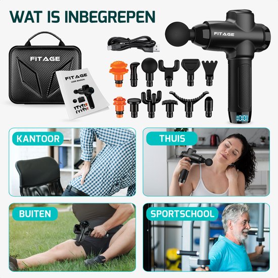 FITAGE massagepistool in kantoor, thuis, buiten en sportschool. Inclusief draagtas, handleiding, USB-C kabel en 12 massagekoppen.