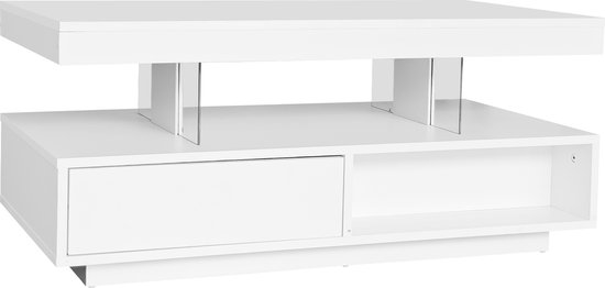 Sweiko Witte hoogglans salontafel 95x50x42.5 cm, 4 glazen werkbladen, 2 lades en 2 open vakken, Woonkamer tafel, sofa tafel, basiskast voor woonkamer