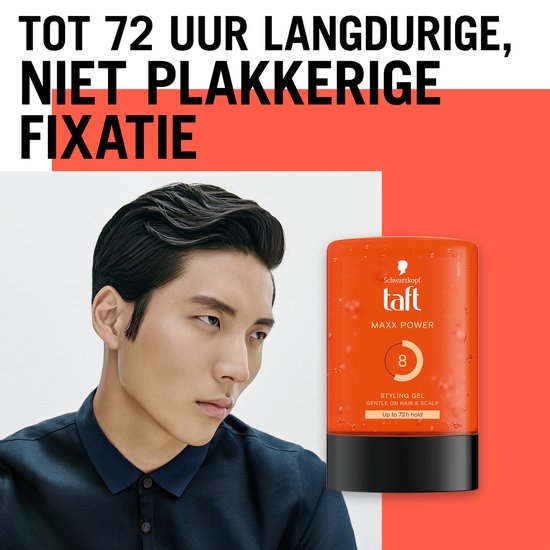 Man met donker haar, naast oranje pot Taft Maxx Power haarstylinggel. Tekst: "TOT 72 UUR LANGDURIGE, NIET PLAKKERIGE FIXATIE".