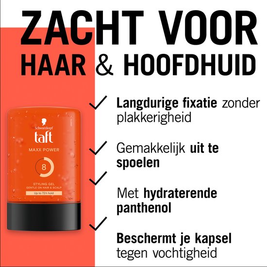Taft Maxx Power haarstylinggel in oranje pot. Tekst over zachtheid voor haar & hoofdhuid, langdurige fixatie en panthenol.