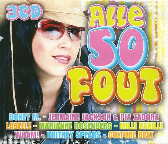Couverture de CD avec le texte 'Alle 50 fout' et 3CD. Femme portant des lunettes de soleil et un chapeau.