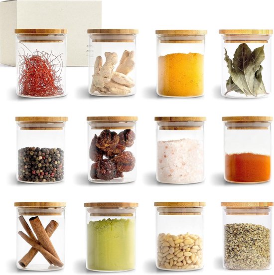 Foto: Kruidenpotjes bamboe stapelbaar 150ml set van 12 glazen voorraadpotten spice jars organizer voorraadbussen thee storage herb jars