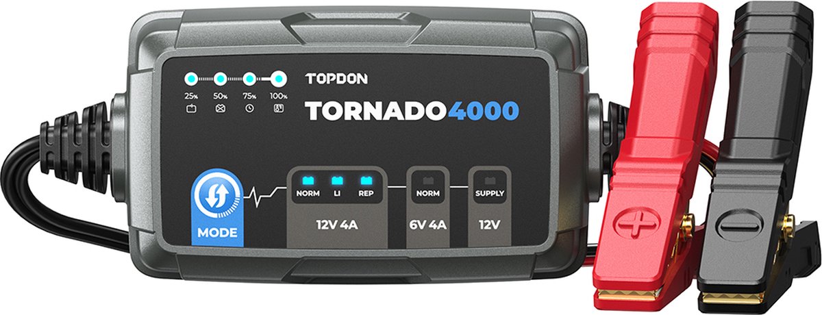 Topdon Tornado T4000C Druppellader - Acculader - Universeel - 5/120Ah - Auto/Motor/Boot/Scooter