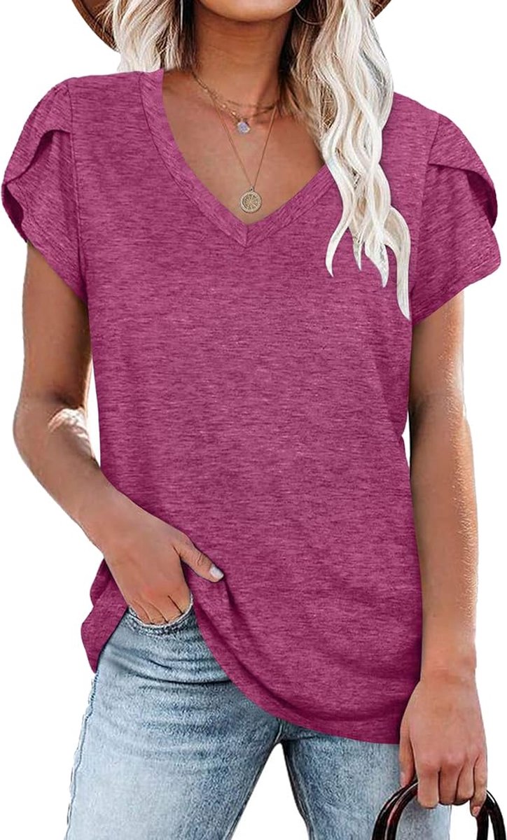 Zomers T-shirt met Korte Mouwen voor Dames Elegante Top Casual Dagelijks Klassiek Shirt Causal Printing V Neck Top Shirt Petal Sleeves Paars