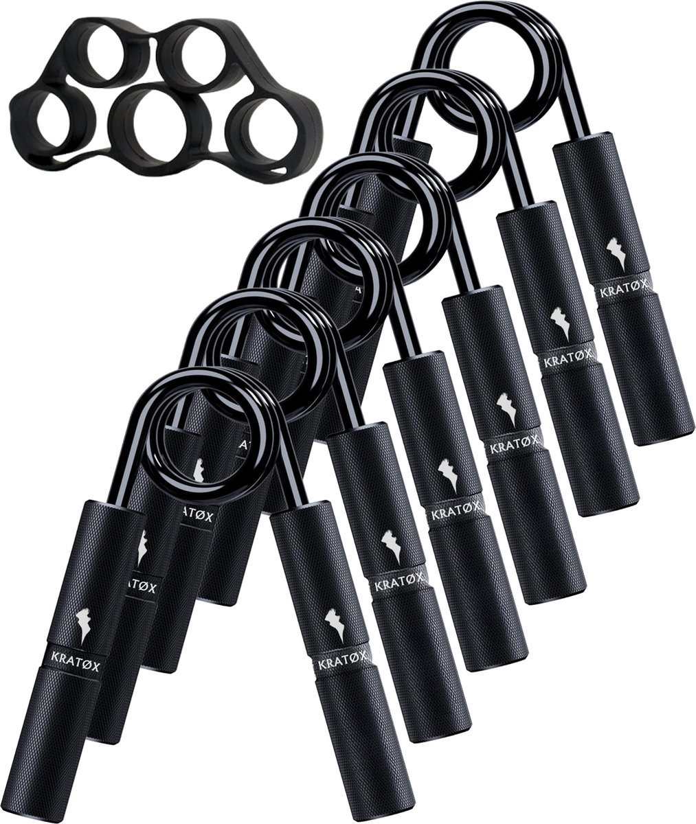 KRATØX 6 Delige Metal Handtrainer Set met Vingertrainer - Grip trainer - Handknijper - Knijphalter - Armtrainer - Hand knijper - Handgripper - Heavy gripper - Onderarm – Buigveer - 23 tot 136 KG