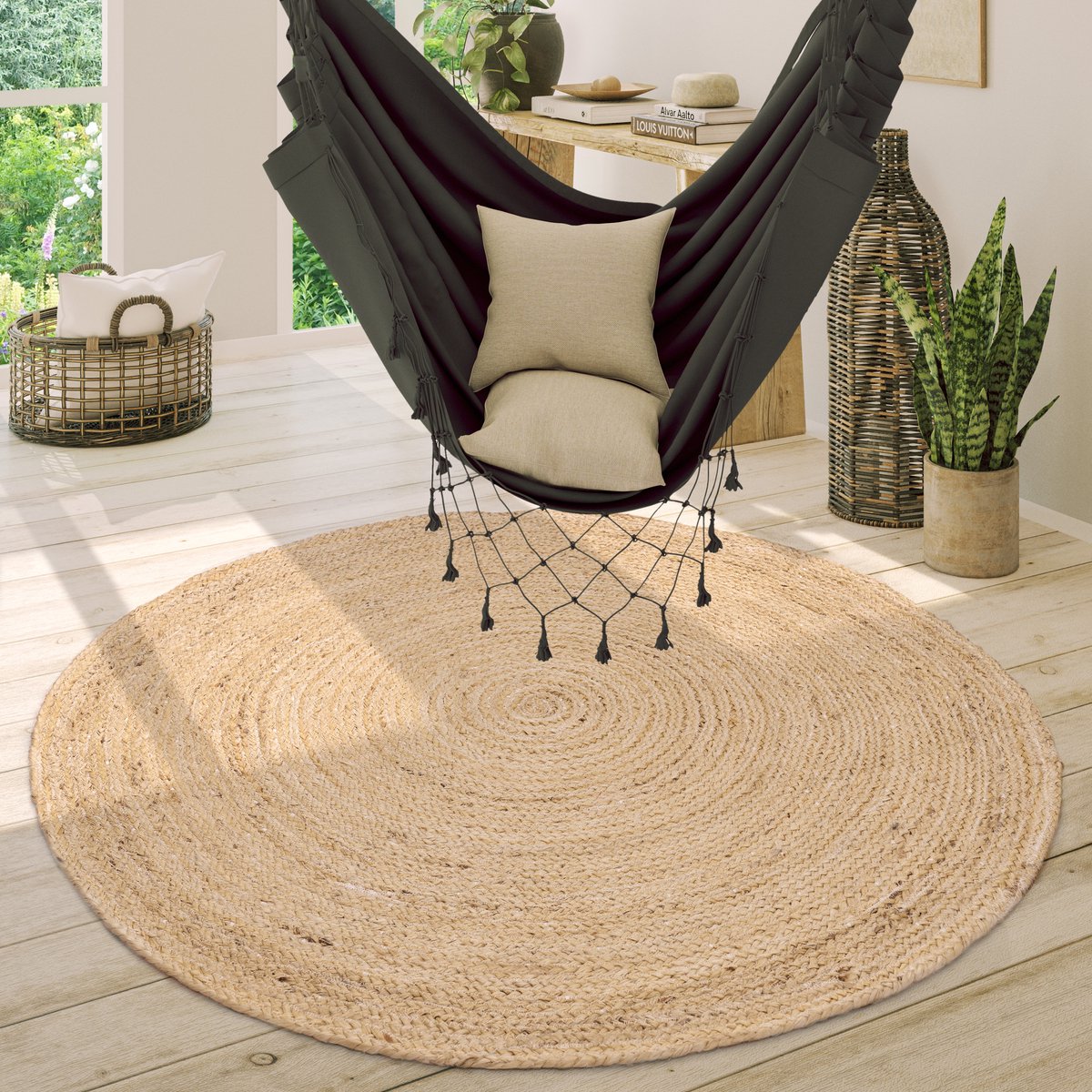 Paco Home Vloerkleed Rond Woonkamer Jute Boho Ethno Handgemaakt Natuurlijk Vloerkleed 120 cm Rund