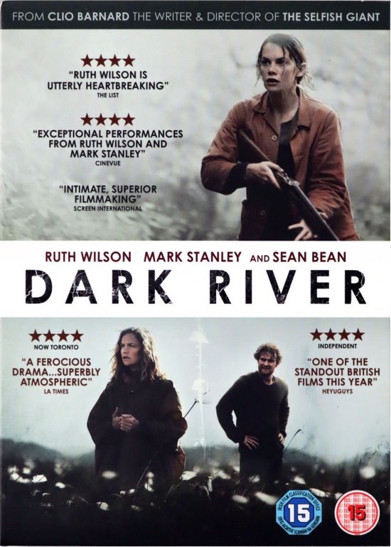 DVD-hoes van Dark River met Ruth Wilson in bruin shirt en met een geweer, en een poster met Ruth Wilson en Mark Stanley.