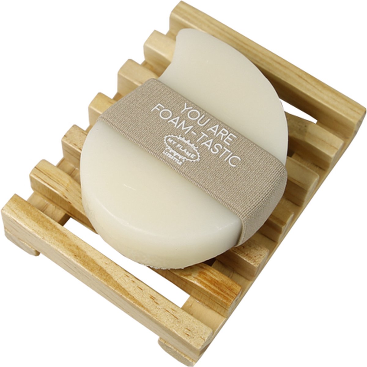 MY FLAME - Body Wash Bar - wit - zeepbar met sponsje en houten tray - in cadeauverpakking - Geur: Cashmere Bliss