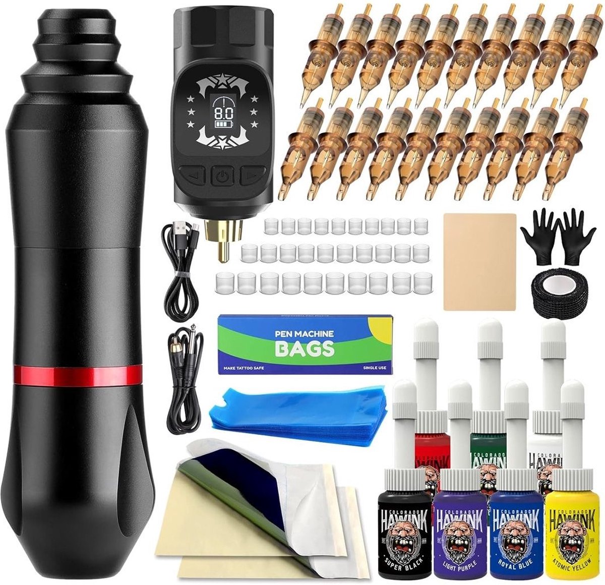 Tattoo Machine met Accessoires - Tattoo Machines Draadloos - Tattoo Set Inclusief Inkt en Naalden - Tattoo Kit - Voor Professionals en Beginners - Top Kwaliteit - Zwart met Rood