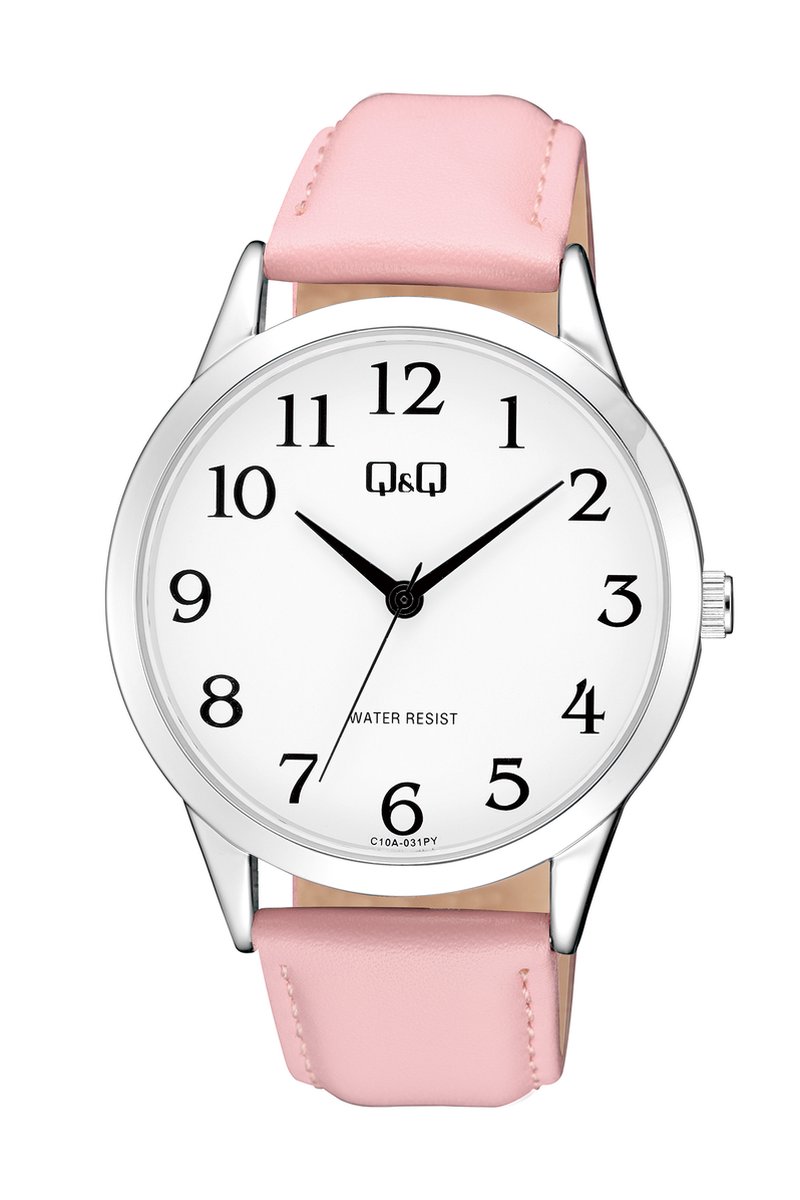 QQ C10A-031PY - Horloge - Analoog - Unisex - Leren band - Rond - Metaal - Cijfers - Roze - Zilverkleurig - Wit