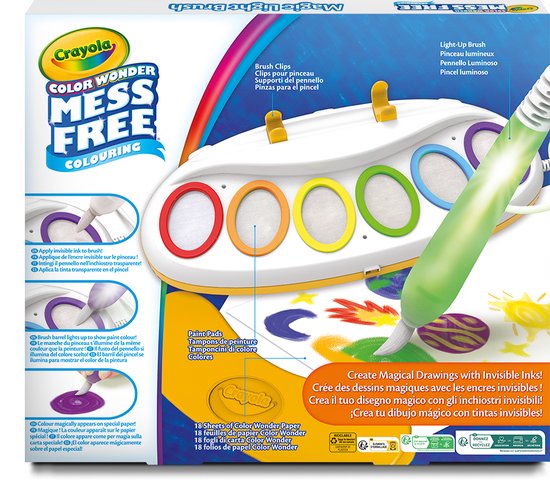 Crayola Colour Wonder Magic Light Brush verpakking met demonstaties van vlekkeloos kleuren.