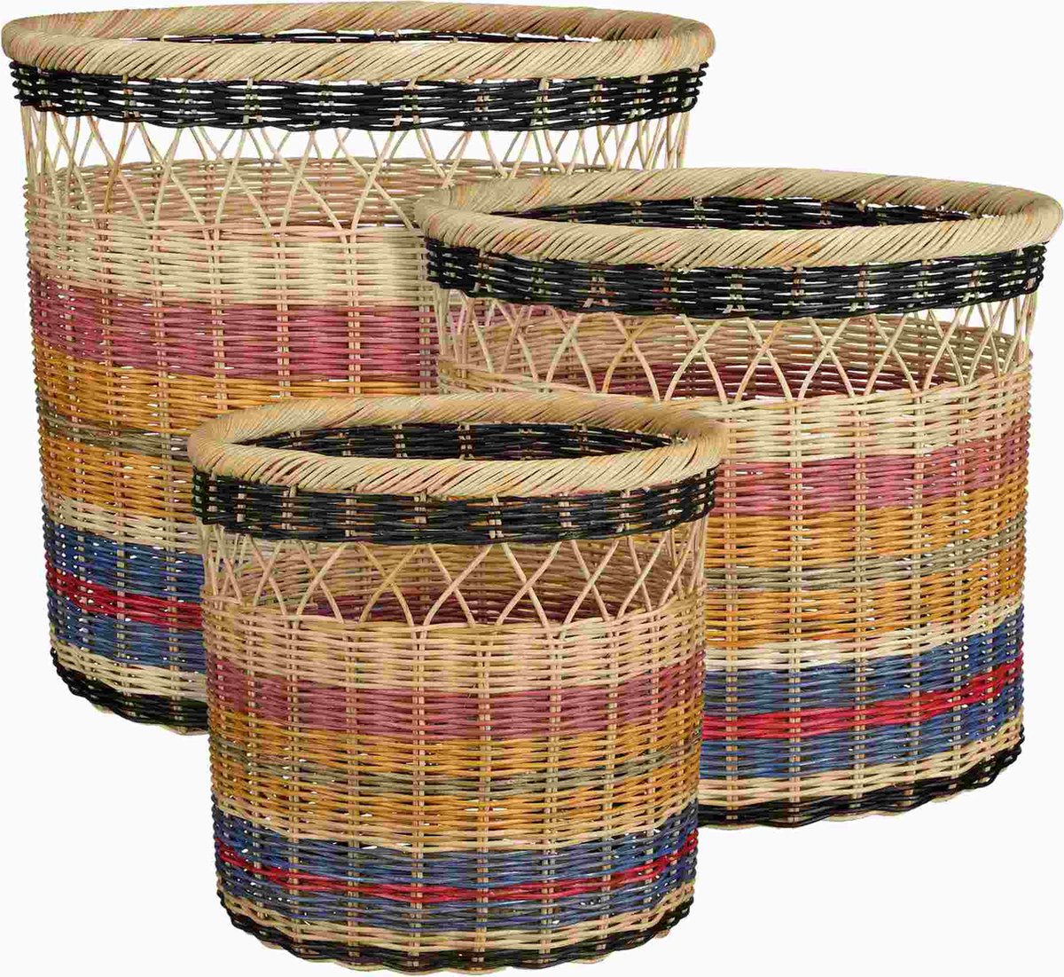 Mica Decorations Mand Strepen - 44x44x40 cm - Rotan - Lichtbruin- Set van 3