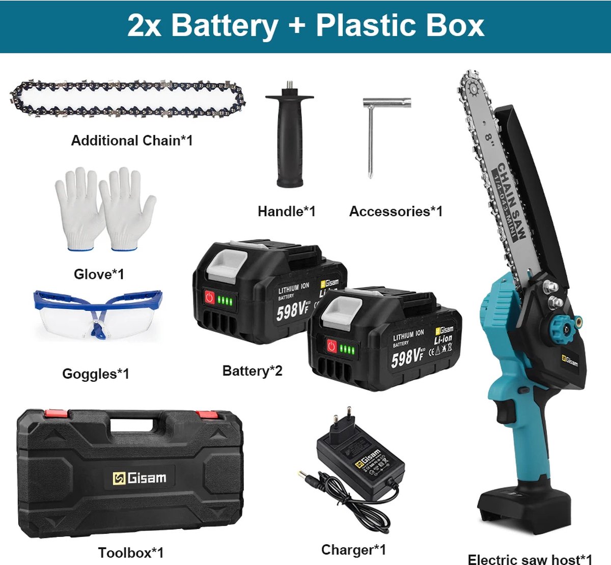 Gisam ShopEighty8 Electrische Kettingzaag Accu Mini Kettingzaag Draagbare Kettingzaag Handheld Zaag 8 Inch 1500W 18V Complete Set Met Alle Accessoires en 2 Batterijen Blauw