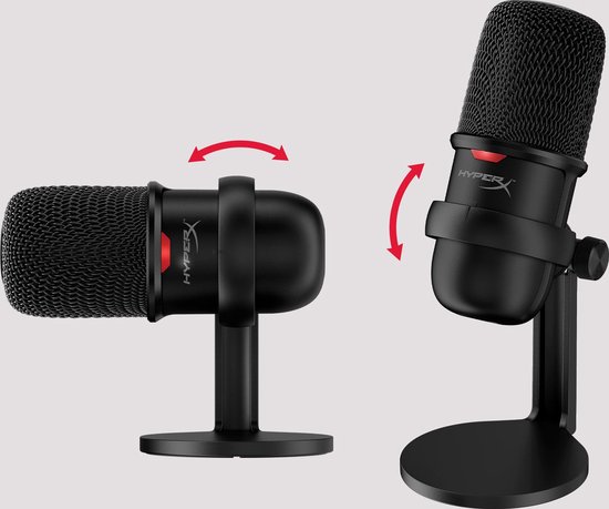 Zwarte USB-microfoon met gaasfront, rood lampje en kantelbare standaard.