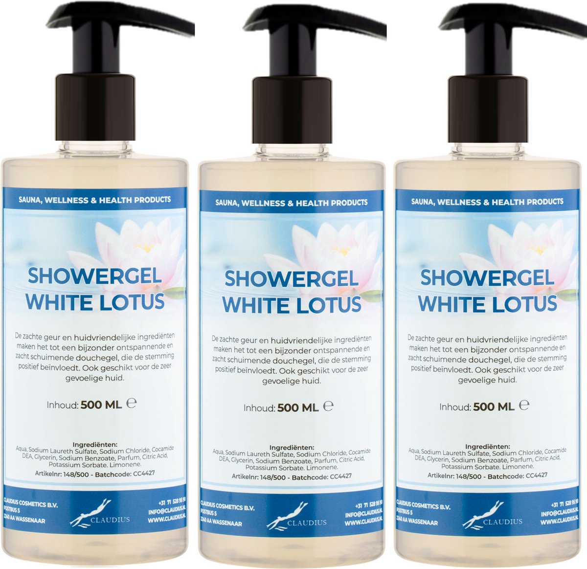 Goedkoopste Douchegel White Lotus 500 ml - set van 3 stuks - met gratis pomp - Showergel