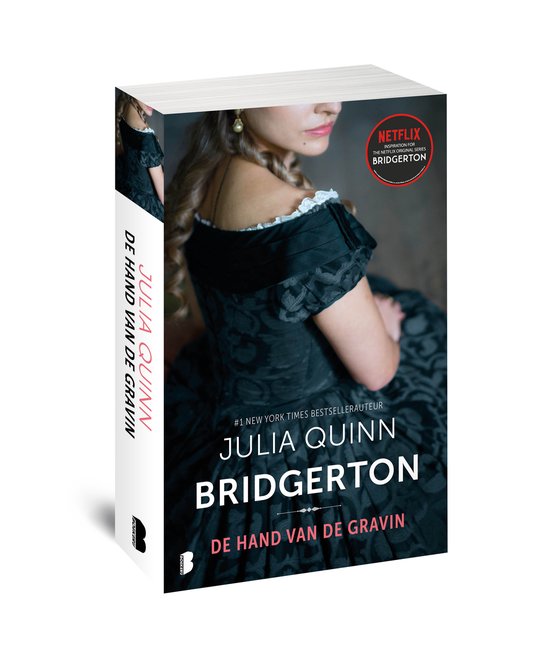 Livre "Bridgerton - De hand van de gravin" avec une femme en robe sombre sur la couverture