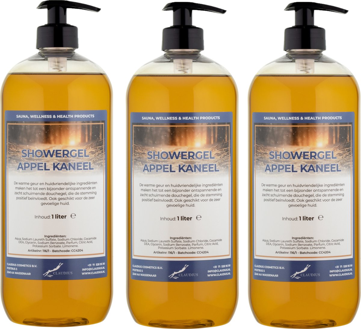 Goedkoopste Douchegel Appel-Kaneel 1 Liter - set van 3 stuks - met gratis pomp - Showergel