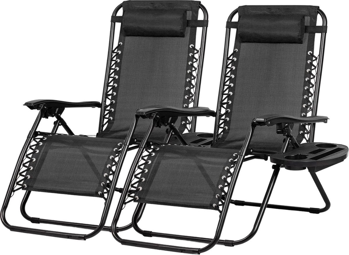 Meisterhome Opvouwbare tuinstoelen – set van 2 stuks Inclusief Hoofdkussen en bekerhouder Zonnebed – Tuinstoel Ligstoel – Campingstoel Verstelbaar Tuin Weerbestendig – Zwart