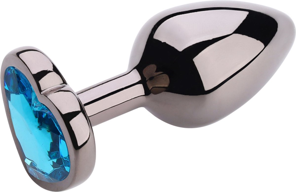 PLGZ - Hartvormige Metalen Buttplug - Zwart Metallic - Blauwe Siersteen - Verkrijgbaar in 3 maten Large
