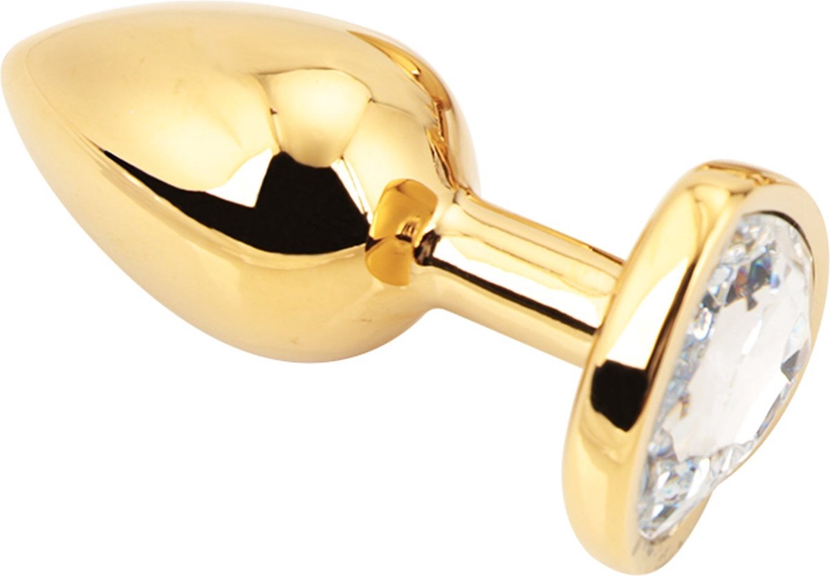 PLGZ - Hartvormige Metalen Buttplug - Goud - Witte Siersteen - Verkrijgbaar in 3 maten Small