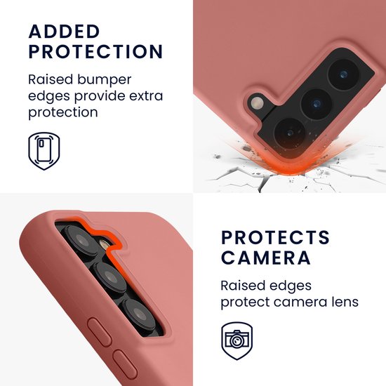 Roze telefoonhoesje toont "ADDED PROTECTION" met detail van verhoogde rand en "PROTECTS CAMERA" met detail van camera-uitsparing.